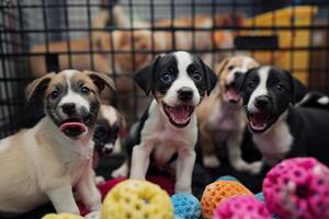 group of puppies playing with chew toys in playpen at rescue shelter tails wagging with joy photo