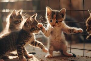 group of kittens playing with each other in rescue shelter paws batting and tails twitching photo