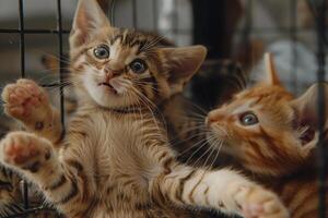 group of kittens playing with each other in rescue shelter paws batting and tails twitching photo