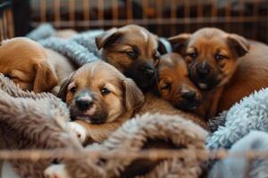 litter of puppies cuddled together in cozy bed at an animal shelter blankets providing warmth photo