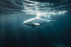 Belugwhale gliding gracefully through the clear icy waters of the Arctic Ocean with sunlight filtering through the water surface photo
