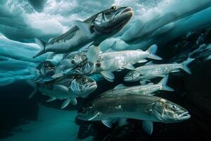 Stoic Arctic Cod swimming in synchronized school beneath the Arctic seice their silver bodies shimmering in the dim polar light background photo