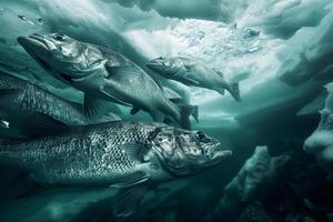 Stoic Arctic Cod swimming in synchronized school beneath the Arctic seice their silver bodies shimmering in the dim polar light background photo