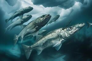 Stoic Arctic Cod swimming in synchronized school beneath the Arctic seice their silver bodies shimmering in the dim polar light background photo