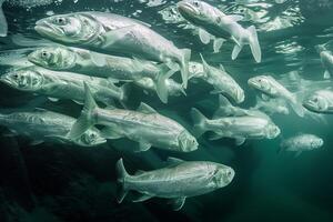 Stoic Arctic Cod swimming in synchronized school beneath the Arctic seice their silver bodies shimmering in the dim polar light background photo