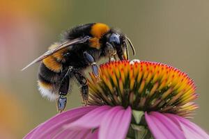 Nature of bumblebee collecting pollen from the heart of vibrant purple echinaceflower against floral background photo