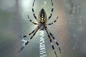 Dramatic Conceptual Nature of spider weaving its intricate web in the early morning mist with misty background photo