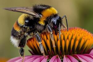 Nature of bumblebee collecting pollen from the heart of vibrant purple echinaceflower against floral background photo
