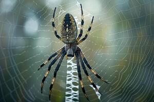 Dramatic Conceptual Nature of spider weaving its intricate web in the early morning mist with misty background photo