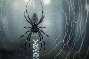 Dramatic Conceptual Nature of spider weaving its intricate web in the early morning mist with misty background photo