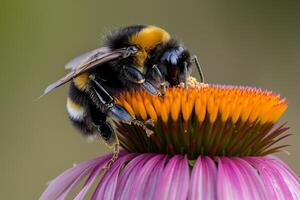 Nature of bumblebee collecting pollen from the heart of vibrant purple echinaceflower against floral background photo