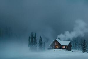 Dramatic Conceptual Nature of snowstorm enveloping mountain lodge with smoke rising from the chimney against snowy background photo