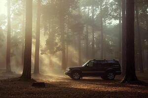 SUV parked in misty forest clearing with  sunlight filtering through trees against misty background photo
