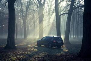 SUV parked in misty forest clearing with  sunlight filtering through trees against misty background photo