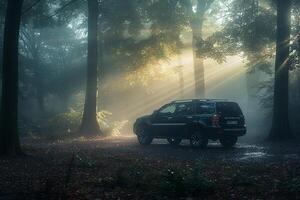 SUV parked in misty forest clearing with  sunlight filtering through trees against misty background photo