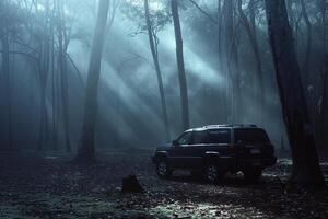 SUV Parked in Foggy Forest Clearing with Eerie Light Filtering Through Trees Background photo