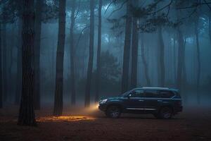 SUV Parked in Foggy Forest Clearing with Eerie Light Filtering Through Trees Background photo