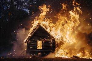 Flames engulfing wooden cabin during controlled fire safety exercise with dramatic background photo