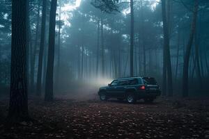 SUV Parked in Foggy Forest Clearing with Eerie Light Filtering Through Trees Background photo