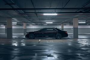 Suspense Luxury Car Parked in an Empty Underground Parking Garage with Dramatic Lighting and Shadows nature background photo
