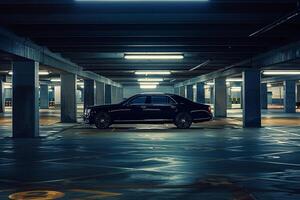 Suspense Luxury Car Parked in an Empty Underground Parking Garage with Dramatic Lighting and Shadows nature background photo