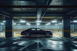Suspense Luxury Car Parked in an Empty Underground Parking Garage with Dramatic Lighting and Shadows nature background photo