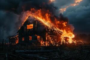Flames Engulfing Derelict Barn During Controlled Fire Exercise Creating  of Destruction nature background photo