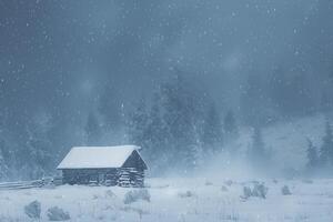 Snowstorm Enveloping Lone Cabin in Snowy nature background nature background photo
