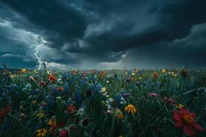 Intense Wildflowers in Stormy Field with Dramatic Clouds and Lightning nature background photo