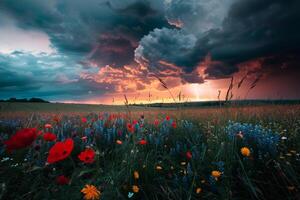 Intense Wildflowers in Stormy Field with Dramatic Clouds and Lightning nature background photo