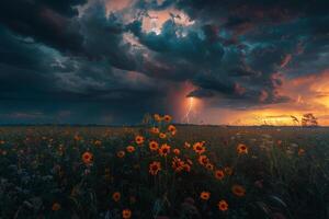 Intense Wildflowers in Stormy Field with Dramatic Clouds and Lightning nature background photo