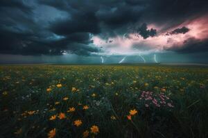 Intense Wildflowers in Stormy Field with Dramatic Clouds and Lightning nature background photo