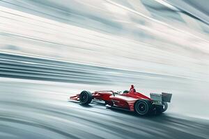 Race Car Speeding Past on White CycloramBackground Capturing the Essence of HighSpeed Racing photo