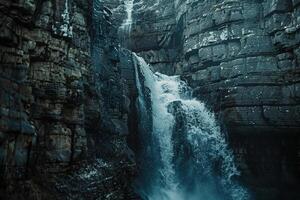 Waterfall Cascading Down Rugged Cliffs in nature background photo