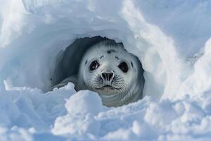 Majestic Ringed Seal Pup Peeking Out from Snow Covered Ice Hole with Its Big Eyes Reflecting the Arctic Winter Light nature background photo