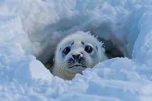 Majestic Ringed Seal Pup Peeking Out from Snow Covered Ice Hole with Its Big Eyes Reflecting the Arctic Winter Light nature background photo