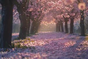 Enchanting Grove of Cherry Trees with Pink Blossoms and Fallen Petals nature background photo
