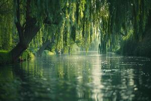 A peaceful riverside with willow trees their long leaves dipping into the water nature background photo