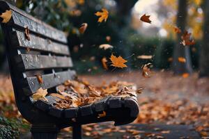 A peaceful autumn  with leaves gently falling around wooden bench nature background photo