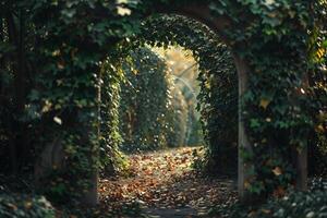 An enchanting garden archway covered in ivy and leaves nature background photo