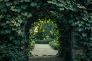 An enchanting garden archway covered in ivy and leaves nature background photo