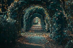 An enchanting garden archway covered in ivy and leaves nature background photo