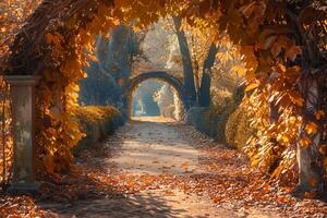 An enchanting garden with path covered in golden autumn leaves nature background photo