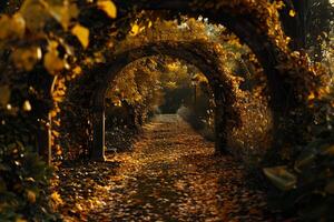 An enchanting garden with path covered in golden autumn leaves nature background photo