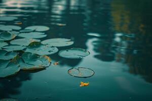 Peaceful lakeside with lily pads and leaves floating on the surface nature background photo