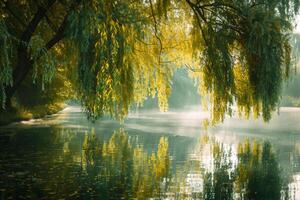 Peaceful riverside with willow trees their long leaves reflecting in the calm water nature background photo