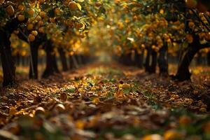 Peaceful orchard with fruit trees and fallen leaves  nature background photo