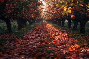 Peaceful orchard with fruit trees and fallen leaves  nature background photo