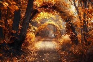 Enchanting forest path with golden leaves arching overhead  nature background photo