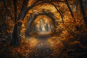 Enchanting forest path with golden leaves arching overhead  nature background photo